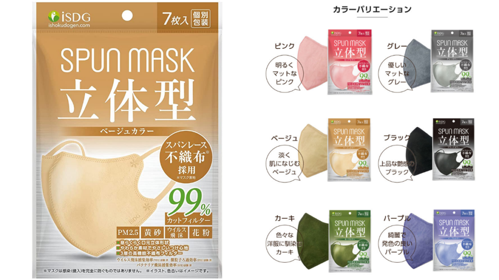 小顔マスク「ISDG 立体型スパンレース不織布カラーマスク（SPUN MASK）」